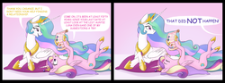 Size: 5075x1883 | Tagged: safe, artist:bluefeathercat, amira, princess cadance, princess celestia, princess luna, queen chrysalis, alicorn, pony, g4, comic, cute, cutedance, cutelestia, dialogue, duo, duo female, eyes closed, female, looking at each other, mare, on back, open mouth, pillow, princess of love, shipper on deck, smiling, tongue out