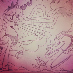 Size: 640x640 | Tagged: safe, artist:brenda hickey, idw, discord, princess luna, friends forever #20, g4, my little pony: friends forever, spoiler:comic, monochrome, traditional art, traditional royal canterlot voice, wip