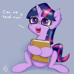 Size: 1200x1200 | Tagged: safe, artist:malwinters, twilight sparkle, pony, unicorn, g4, adorkable, book, cheek fluff, colored pupils, cute, dialogue, dork, ear fluff, female, filly, filly twilight sparkle, fluffy, glasses, gray background, hnnng, hug, looking up, meganekko, open mouth, simple background, sitting, smiling, that pony sure does love books, twiabetes, weapons-grade cute
