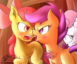Size: 3000x2500 | Tagged: safe, artist:pajama-ham, apple bloom, scootaloo, sweetie belle, g4, argument, colored wings, cutie mark crusaders, female, high res, lesbian, ship:scootabloom, shipping, sweetie belle is not amused, wings
