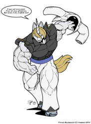 Size: 1024x1396 | Tagged: safe, artist:docwolph, prince blueblood, unicorn, anthro, g4, barrel chest, barrelchest blueblood, fetish, male, muscle fetish, muscles, muscular male, my muscle pony, prince beefblood, signature, solo, the coats are off, vein