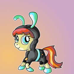 Size: 1500x1498 | Tagged: safe, artist:fillerartist, oc, oc only, oc:film flick, earth pony, pony, bunny ears, clothes, costume, dangerous mission outfit, female, gradient background, hoodie, looking at you, mare, simple background, smiling, solo