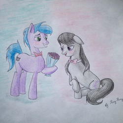 Size: 2380x2380 | Tagged: safe, artist:artbyponypony, octavia melody, parish nandermane, g4, blushing, female, flower, high res, male, parishtavia, shipping, straight, traditional art