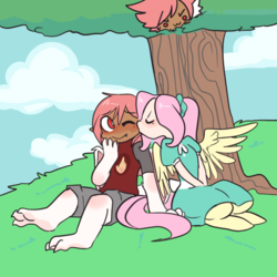 Size: 540x540 | Tagged: safe, artist:mt, oc, oc only, oc:broil, oc:ivy, oc:simmer, satyr, blushing, clothes, cloud, cloudy, dress, female, kissing, male, offspring, parent:fizzle, parent:fluttershy, peeking, shipping, straight, tree