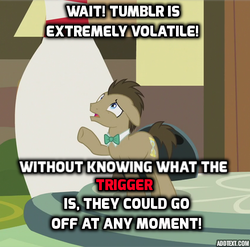 Size: 439x434 | Tagged: safe, edit, edited screencap, screencap, doctor whooves, time turner, earth pony, pony, g4, slice of life (episode), image macro, male, meme, social justice warrior, stallion, trigger warning, tumblr
