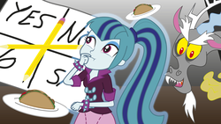 Size: 1920x1080 | Tagged: safe, artist:conikiblasu-fan, discord, sonata dusk, equestria girls, g4, airhead, are you fucking kidding me, bad idea, charlie charlie challenge, don't try this at home, paranormal, taco, this is stupid, this will end in death, this will end in possession, this will end in tears and/or death, you asked for it, you need jesus