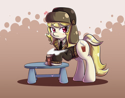 Size: 1400x1100 | Tagged: safe, artist:tikrs007, march gustysnows, earth pony, pony, g4, princess spike, blushing, clothes, coffee, female, mare, solo, table
