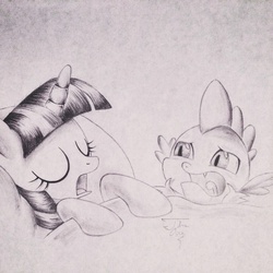 Size: 1024x1024 | Tagged: safe, artist:theasce, spike, twilight sparkle, g4, princess spike, grayscale, monochrome, pencil drawing, scene interpretation, traditional art