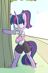 Size: 1000x1500 | Tagged: safe, artist:whydomenhavenipples, fluttershy, twilight sparkle, pony, g4, bipedal, clothes, explicit source, implied watersports, pants, shirt, sweat, when you see it