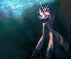 Size: 1200x1000 | Tagged: dead source, safe, artist:jupltercandy, twilight sparkle, g4, bubble, crepuscular rays, female, frown, looking up, solo, underwater