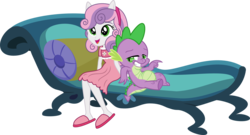 Size: 2556x1382 | Tagged: safe, artist:punzil504, spike, sweetie belle, dragon, human, equestria girls, g4, clothes, eared humanization, female, male, nightgown, pajamas, ponied up, ship:spikebelle, shipping, simple background, slippers, smiling, straight, transparent background, vector