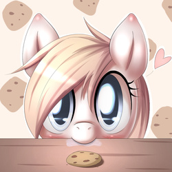 Size: 1024x1024 | Tagged: safe, artist:aryanne, oc, oc only, oc:aryanne, pony, aryanbetes, blushing, cookie, cookie monster, cookie thief, cute, drool, ear blush, female, heart, hungry, looking at you, mouth hold, muzzle, nom, saliva puddle, solo, table