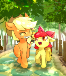 Size: 500x575 | Tagged: safe, artist:youhoujou, apple bloom, applejack, earth pony, pony, g4, adorabloom, bag, cute, duo, eyes closed, floppy ears, open mouth, saddle bag, sisters, smiling, tree