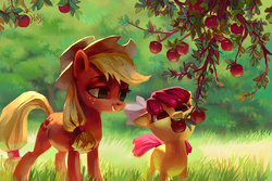 Size: 4133x2755 | Tagged: safe, artist:holivi, apple bloom, applejack, earth pony, pony, g4, adorabloom, apple, apple sisters, applejack's hat, bow, cottagecore, cowboy hat, cute, duo, female, filly, foal, food, freckles, grass, hair bow, hat, high res, jackabetes, mare, scenery, siblings, signature, sisters, smiling, tree