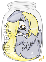 Size: 800x1080 | Tagged: safe, artist:amberony, derpy hooves, pony, :p, cute, derpabetes, female, fluffy, jar, looking at you, looking back, pony in a bottle, silly, silly pony, simple background, sitting, smiling, solo, tongue out, white background