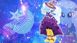 Size: 1920x1080 | Tagged: safe, artist:ambassad0r, artist:hatsunepie, artist:pony2vector, trixie, equestria girls, g4, boots, clothes, cutie mark, dress, fabulous, full name, hat, rainbow rocks outfit, vector, wallpaper, zoom layer