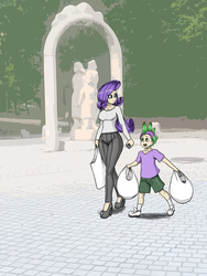 Size: 900x1200 | Tagged: safe, artist:franschesco, rarity, spike, human, g4, bags, breasts, busty rarity, child, duo, duo male and female, female, human spike, humanized, male, statue