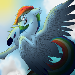 Size: 2000x2000 | Tagged: safe, artist:pacificusdraco, rainbow dash, g4, female, flying, grin, high res, looking at you, red eyes, solo, underhoof