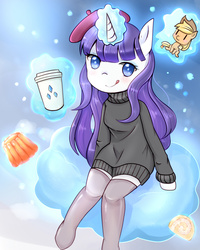 Size: 1024x1280 | Tagged: safe, artist:shouyu musume, applejack, rarity, anthro, unguligrade anthro, g4, sweet and elite, :p, arm hooves, beatnik rarity, beret, clothes, coffee cup, cup, female, hat, implied lesbian, implied rarijack, implied shipping, jello, licking, licking lips, pixiv, plushie, solo, stockings, sweater, tongue out, turtleneck
