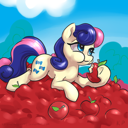 Size: 1500x1500 | Tagged: safe, artist:kp-shadowsquirrel, bon bon, sweetie drops, earth pony, pony, g4, apple, eating, female, mare, solo
