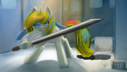 Size: 1024x576 | Tagged: dead source, safe, artist:php38, oc, oc only, oc:golden tone, oc:melody shade, pony, headband, solo, sword
