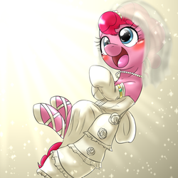 Size: 1000x1000 | Tagged: safe, artist:ushiro no kukan, pinkie pie, earth pony, pony, g4, beautiful, blushing, clothes, crying, cute, diapinkes, dress, female, mare, necklace, open mouth, solo, tears of joy, teary eyes, wedding dress