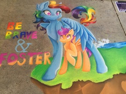 Size: 1054x790 | Tagged: source needed, safe, rainbow dash, scootaloo, g4, chalk, chalk drawing, scootalove, street art, traditional art