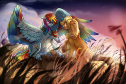 Size: 1024x683 | Tagged: safe, artist:cigarscigarettes, applejack, rainbow dash, g4, blushing, colored wings, crying, female, large wings, lesbian, marriage proposal, multicolored wings, rainbow feathers, rainbow wings, ring, ship:appledash, shipping, spread wings, unshorn fetlocks, wings