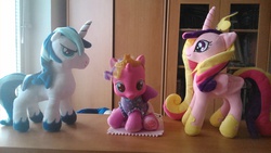 Size: 1920x1080 | Tagged: safe, artist:onlyfactory, princess cadance, princess skyla, shining armor, g4, bootleg, doll, family, irl, photo, plushie, toy, what if