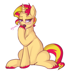Size: 555x604 | Tagged: safe, artist:lulubell, sunset shimmer, pony, unicorn, g4, alternate hairstyle, female, glasses, short hair, simple background, solo, transparent background, yawn