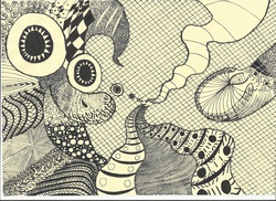 Size: 3507x2550 | Tagged: safe, artist:age3rcm, pinkie pie, g4, monochrome, psychedelic, surreal, underhoof, zentangle