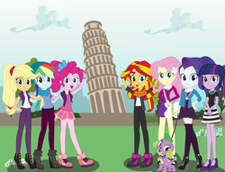 Size: 1700x1300 | Tagged: safe, artist:eninejcompany, part of a set, applejack, fluttershy, pinkie pie, rainbow dash, rarity, spike, sunset shimmer, twilight sparkle, dog, human, equestria girls, g4, bag, bracelet, clothes, equestria girls around the world, high heels, humane five, humane seven, humane six, italy, jewelry, leaning tower of pisa, part of a series, shoes, spike the dog, twilight sparkle (alicorn)