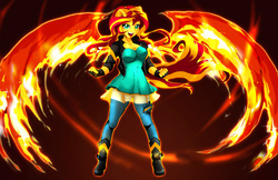 Size: 1280x828 | Tagged: safe, artist:animeclaro, sunset shimmer, equestria girls, g4, my past is not today, breasts, busty sunset shimmer, cleavage, clothes, female, fiery wings, looking back, ponied up, smiling, solo