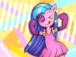 Size: 3000x2250 | Tagged: safe, artist:remyroez, artist:vocalmaker, pinkie pie, earth pony, pony, g4, :p, bipedal, clothes, cosplay, cute, cuteamena, dress, evening gloves, female, gloves, high res, me!me!me!, pinkamena diane pie, ponified, solo, tongue out, wink