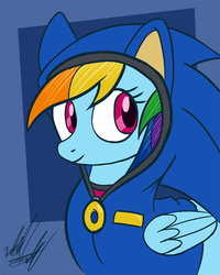Size: 640x800 | Tagged: safe, artist:fuzon-s, rainbow dash, g4, anniversary, clothes, cosplay, costume, crossover, doodle, female, hoodie, male, smiling, solo, sonic the hedgehog, sonic the hedgehog (series)