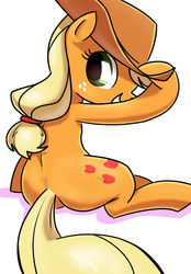 Size: 1080x1555 | Tagged: safe, artist:lamar_bone, derpibooru exclusive, applejack, earth pony, pony, g4, applebutt, butt, female, looking at you, looking back, mare, plot, simple background, sitting, smiling, solo, white background