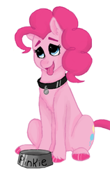 Size: 536x847 | Tagged: safe, artist:graffiti, pinkie pie, g4, behaving like a dog, collar, eye shimmer, looking up, panting, pet bowl, pet play, puppy pie, sitting