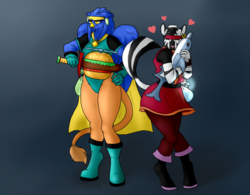 Size: 1375x1072 | Tagged: safe, artist:lurking tyger, oc, oc only, oc:kitka, oc:oromo, dolphin, griffon, zebra, burger, cape, clothes, cosplay, crossover, dolphin magisword, food, hamburger, heart, hug, mighty magiswords, mushroom, prohyas, raised eyebrow, rotor, sword, vambre