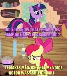 Size: 1280x1440 | Tagged: safe, apple bloom, scootaloo, sweetie belle, twilight sparkle, alicorn, earth pony, pegasus, pony, unicorn, g4, twilight time, ashleigh ball, cutie mark crusaders, golden oaks library, meme, plant, purple text, tara strong, twilight sparkle (alicorn), voice actor joke, yellow text