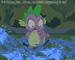Size: 1000x800 | Tagged: safe, artist:fishinabarrrel, spike, dragon, g4, belly, belly expansion, big belly, butt, butt expansion, dialogue, everfree forest, flower, forest, growth, inflation, large butt, poison joke, poison joke field, shocked, shocked expression, surprised