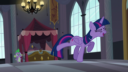 Size: 1280x720 | Tagged: safe, screencap, spike, twilight sparkle, alicorn, pony, g4, princess spike, adorkable, bed, cute, dork, flutteryay, sparkleyay, stretching, twilight sparkle (alicorn), yay