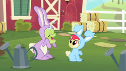 Size: 1280x720 | Tagged: safe, screencap, apple bloom, granny smith, earth pony, pony, family appreciation day, g4, adorabloom, bunny bloom, bunny costume, clothes, cute, eyes closed, female, filly, frown, grandmother and grandchild, grandmother and granddaughter, looking back, mare, open mouth, raised hoof, smiling, sweet apple acres, wide eyes