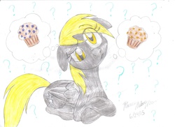 Size: 1755x1275 | Tagged: safe, artist:semijuggalo, derpy hooves, pegasus, pony, g4, confused, cute, female, floppy ears, frown, head tilt, mare, muffin, prone, question mark, raised eyebrow, solo, thinking, thought bubble, traditional art