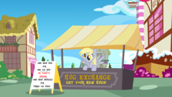 Size: 1920x1080 | Tagged: safe, derpy hooves, pegasus, pony, g4, booth, bronybait, female, hug, mare, scrunchy face, sign, snuggles?