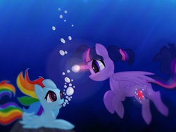 Size: 2048x1536 | Tagged: safe, artist:mylittlelevi64, rainbow dash, twilight sparkle, alicorn, pony, g4, bubble, female, mare, twilight sparkle (alicorn), underwater