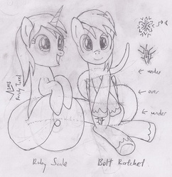 Size: 1445x1494 | Tagged: safe, artist:parclytaxel, oc, oc only, oc:bolt ratchet, oc:ruby scales, lamia, original species, pegasus, pony, unicorn, coils, cutie mark, lineart, looking at you, mechanical pencil, monochrome, reference sheet, sketch, smiling, traditional art, wip