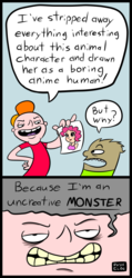 Size: 475x1000 | Tagged: safe, artist:rusheloc, pinkie pie, human, g4, background pony strikes again, comic, humanized, humor, op is a duck, op is trying to start shit