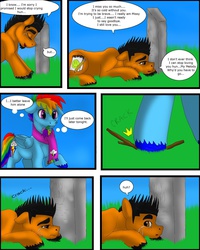 Size: 1024x1280 | Tagged: safe, artist:tristanjsolarez, rainbow dash, oc, earth pony, pegasus, pony, comic:trans ponies, g4, clothes, comic, crying, flower, gravestone, male, mouth hold, rainbow blitz, rule 63, scarf, stallion, transgender, unshorn fetlocks