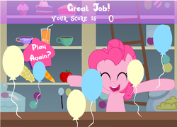 Size: 722x517 | Tagged: safe, pinkie pie, earth pony, pony, g4, 0, balloon, cheering, dissonant caption, fail, failure, female, flash game, funny, loser, solo, sugarcube corner, text, you had one job