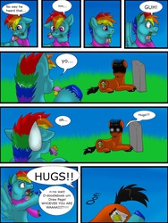 Size: 1024x1365 | Tagged: safe, artist:tristanjsolarez, rainbow dash, oc, earth pony, pegasus, pony, comic:trans ponies, g4, clothes, comic, duo, flower, glomp, gravestone, male, mouth hold, rainbow blitz, rapeface, rule 63, scarf, stallion, transgender